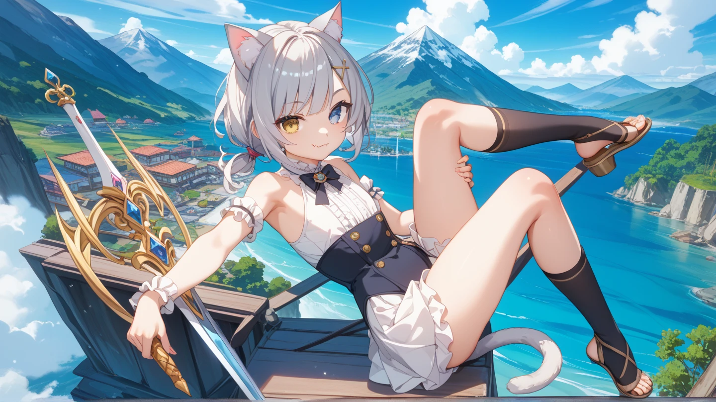 Fantasy, 1 tiny_ Girl, ()++, 10yoender_child, cat_ears, Cape,Outdoor,bikini, Shy, (bare_groin,bare_waist)++, hold_huge_sword_hilt, Solo, Thighs, covered_,apart_legs, smile, happy, black_hair, navel_naked, slender_legs,tiny_slender_thighs,dynamic_posing, open_mouth, spread_legs,