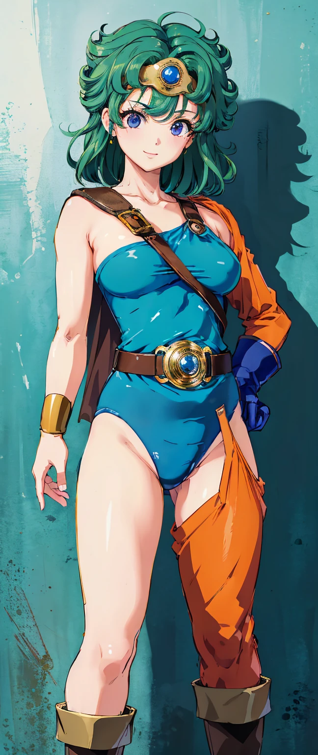 masterpiece、highest quality、Anime Women、solo、Watching the audience、laugh at、Short Hair、Blonde、eyelash、Green Eyes、Wavy Hair、Big Breasts、A woman with very large breasts、collarbone、Blue bodysuit、Off the shoulder、Long sleeve、Yellow sash、