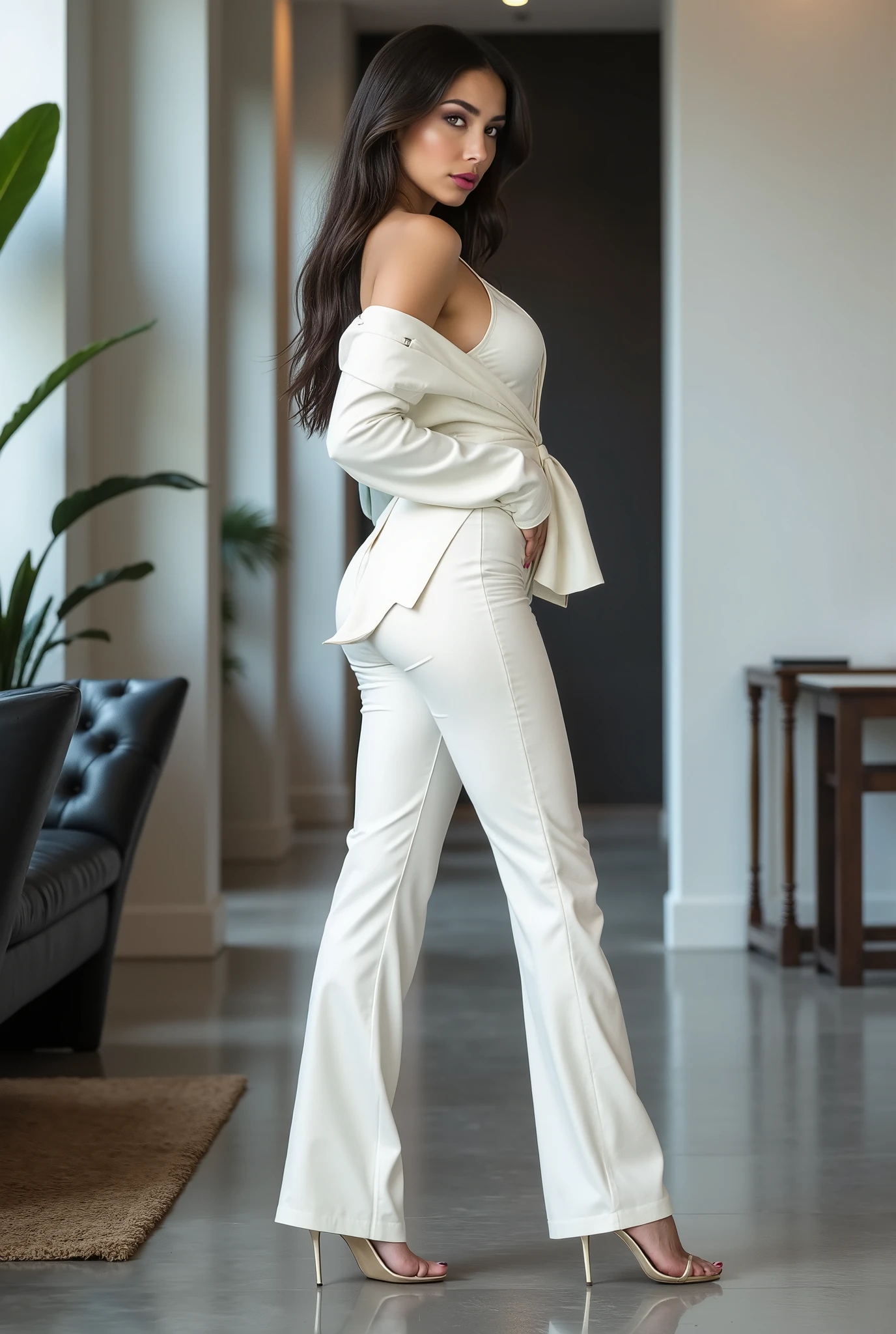 full figure Fashion photo of an elegant sexy desirable tall woman, black short hair, red lips, large breast subdued purple eyeshadow, a office white leather suit with a white silk shirt white elegant stilettos dinamyc pose in office