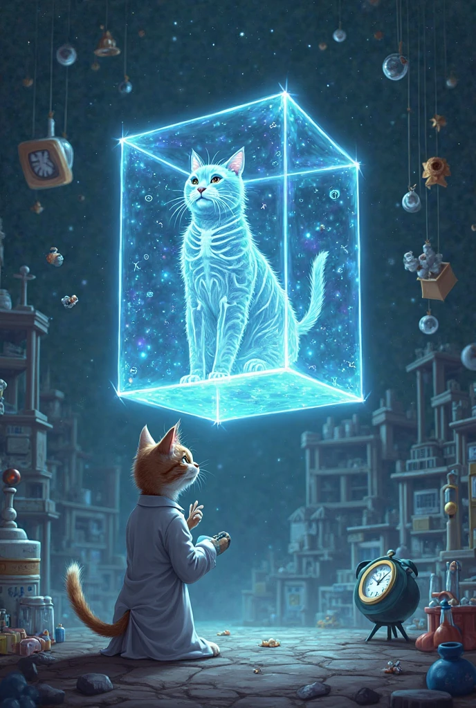 Young painter sitting inside a giant cage, landscape from another planet, cat playing with a snow globe, birds flying inside the globe