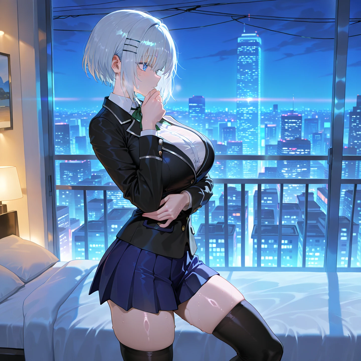 (masterpiece, best quality:1.2), cowboy shot, solo, 1girl, realistic white hair, short wavy hair, purple eyes, average breasts, sagging breasts, slender body, light smile, blush, looking at viewer, arms up, hands behind head, dark business suit, deep cleavage, midriff, navel, (braless, topless), black pants, choker, office, night light, night time, (nsfw:1.5)