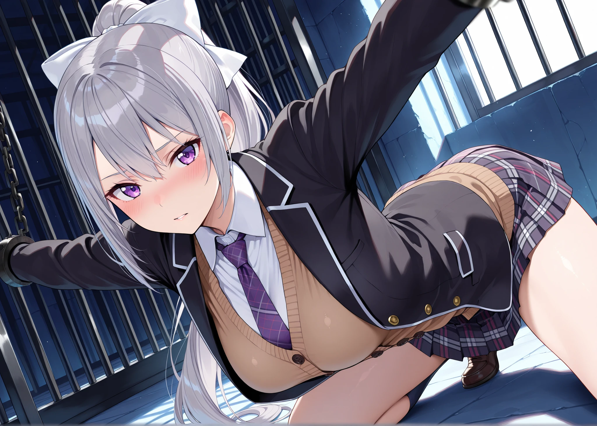 (score_9, score_8_up, score_7_up), looking at viewer, smile, closed mouth, shiny skin,
ohwx, solo, 1boy, male_focus, blue_eyes, grey_hair, white_hair, short_hair,
androgynous, aged_down, boots, chain, long_sleeves, necktie, ribbon, school_uniform, shirt, shorts, skirt, suspenders, white_shirt,
summer, Lying with one arm stretched out,
<lora:shiina_pony_ss:1>