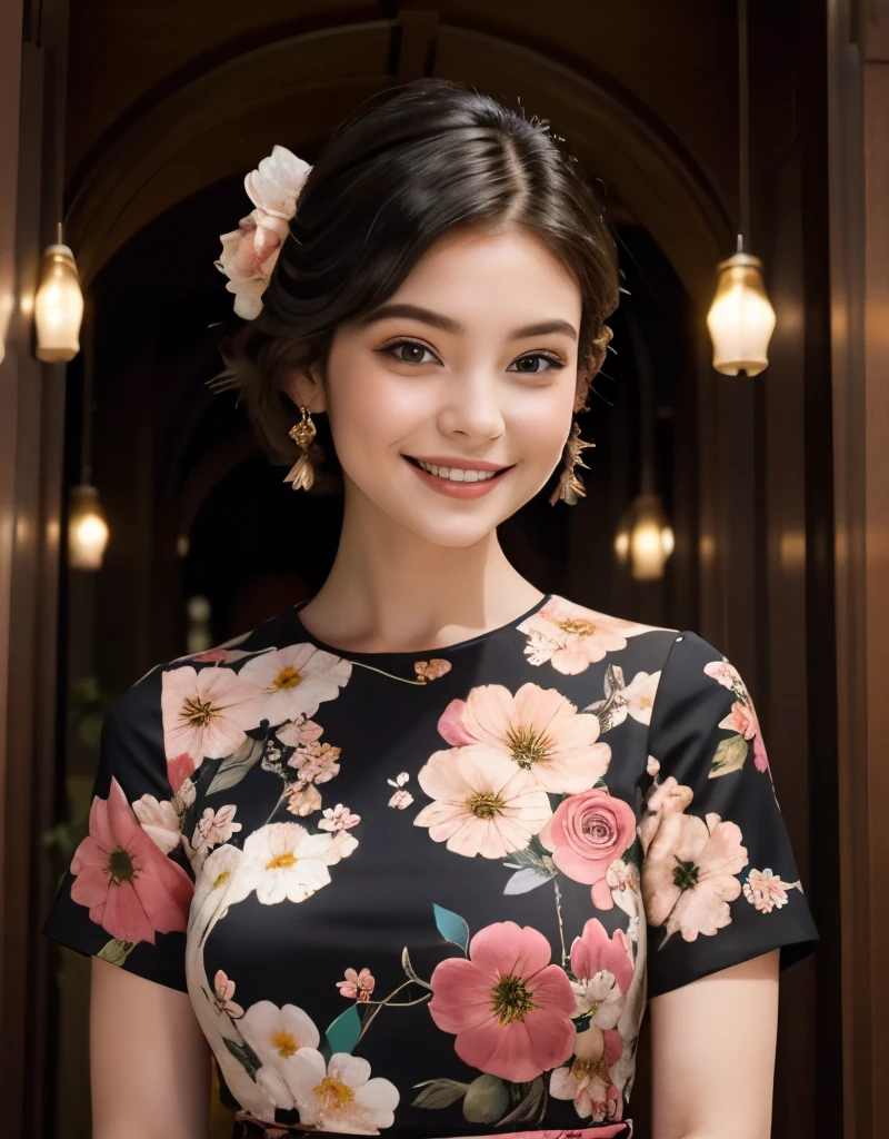 391 ((young woman)),(short hair),(floral dress),(archic smile)