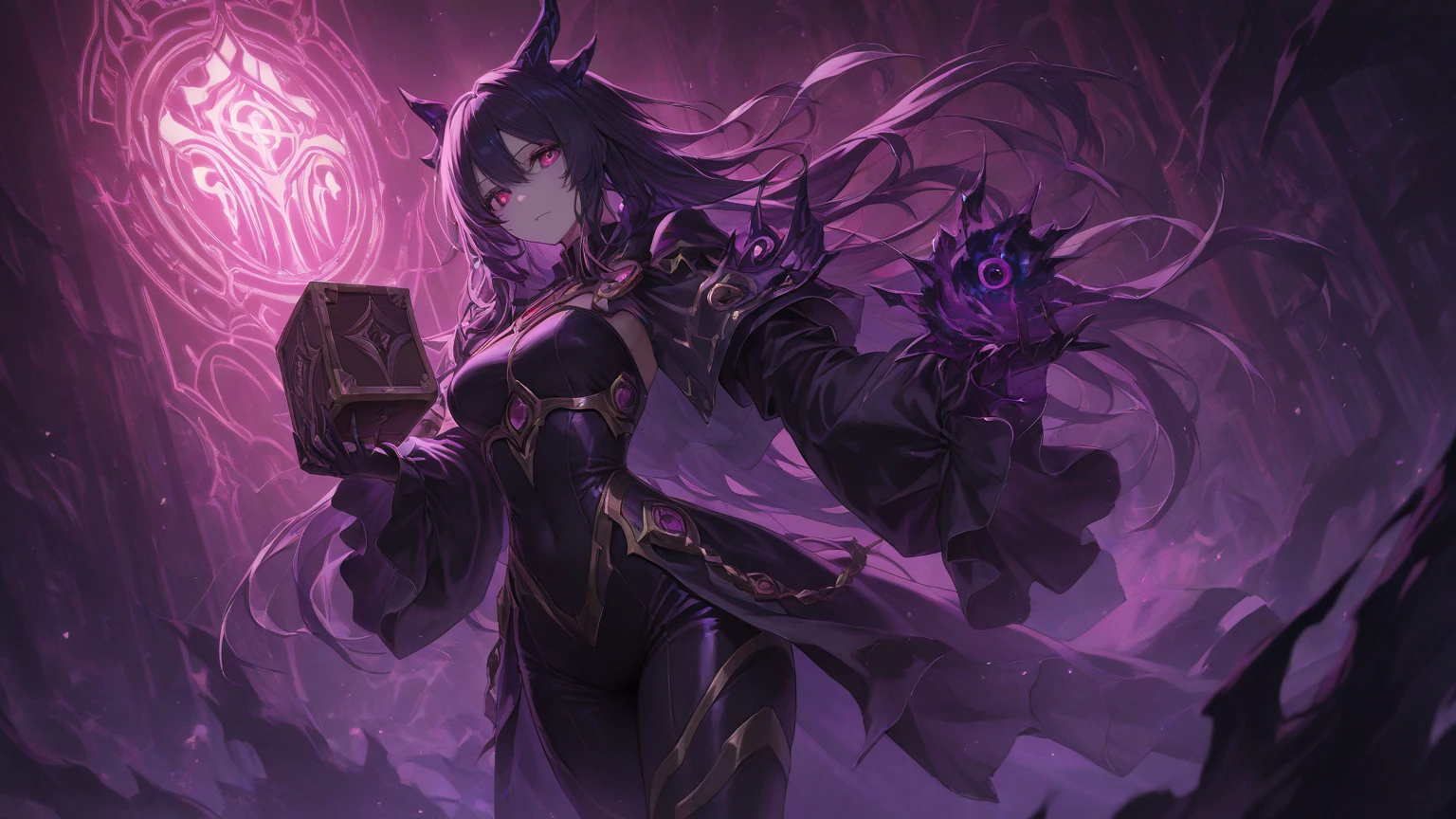 tiefling girl with long purple hair, purple skin, gray horns, , standing straight, a grimoire in his hands, dressed in a black sorcerer's robe