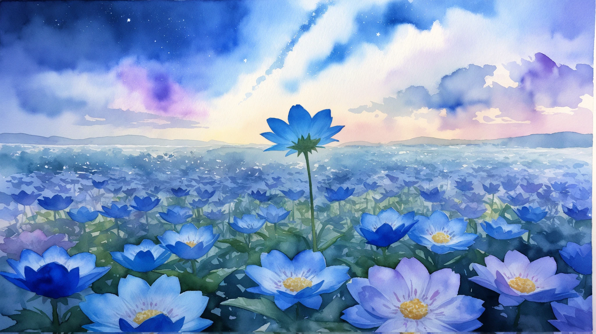 (watercolor: 1.5) watercolor,  Night Flower Field Picture , Stars above, Moonlight, Partly cloudy, Moonlight Is a Flower 々Pat, high detail, Highest Quality, 16 kg, raw, [BEST DETAILS], masterpiece, Highest Quality, high detail, super quality, high resolution, 16K resolution,  ultra HD Pictures ,  3D rendering of a portrait Ultra Realistic , vivid detail, Realistic Details, Ultra High Definition