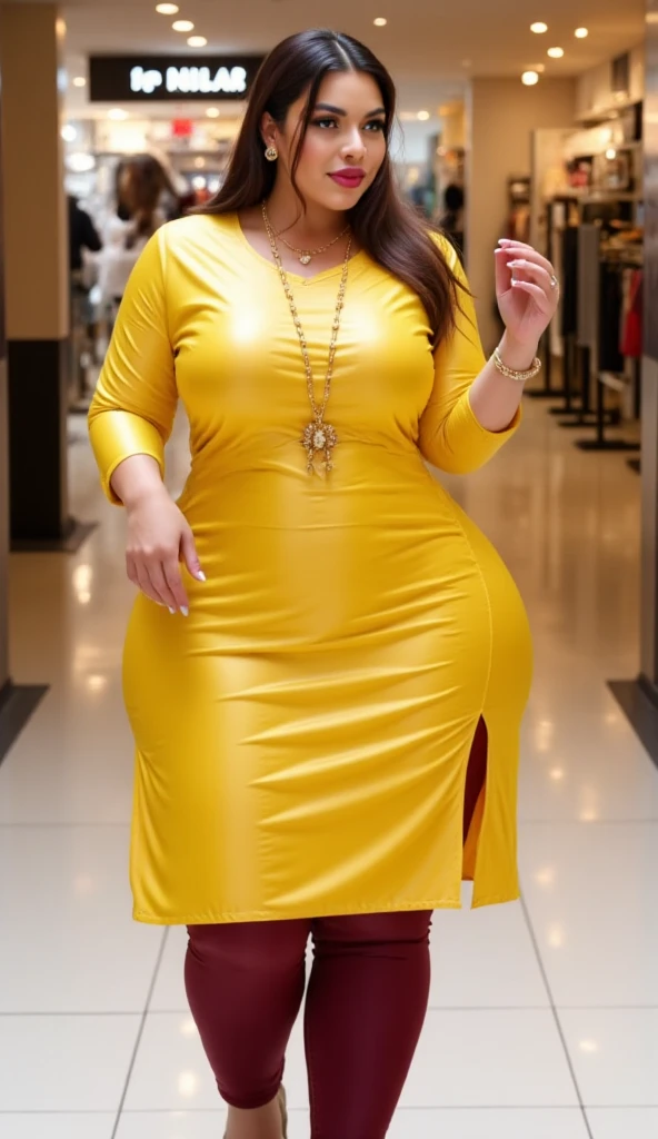 ((best quality, 8K, masterpiece: 0.8)), Smiling fat woman ((best quality)), ((masterpiece)), (detailed), Perfect face, Fat Chinese woman in a gold lace long-sleeved dress and a gold short skirt, thickness, She has a small belly, bbw酱, Wear tight and sexy clothes, Thin waist and thick hips, Widest hips, Soft curves, hyperPractical full figure, Wearing a cute top, Wide hips, ,Long legs,, thickness, Beautiful plump woman, Beautiful curvy women,, Big goals,Clear curve details, Curvy hourglass figure, Charming plus size models, bbw酱, full image, Surface Model, Curvy body, (full-body shot)blush, 1girll fat , become a, , Golden Ratio,(Korean Idol),(White and tender skin:),High quality background, HD, Practical, HDR. pedestrian mall,Skin as white as paper,High heel,It was raining in the sky,Car Model,Auto Show