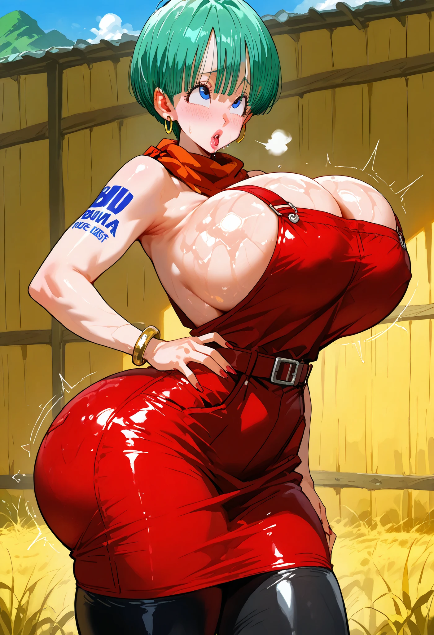 ((1girl)), ((solo:1.2)) perfect face, young adult woman, realistic photo, beautiful face, perfect face, masterpiece, ((whitney pokemon:1.2)), red hair, red eyes, ((red tube top)), ((red panties)), ((small Bandeau))), (((red Bandeau))), ((strapless top:1.3)), ((low cut shorts)), ((gigantic breasts:1.3)), ((giantess:1.3)), ((underboob)), breastmilk, ((lactating:1.2)), oppai proportions, twin ponytail, leaning over city