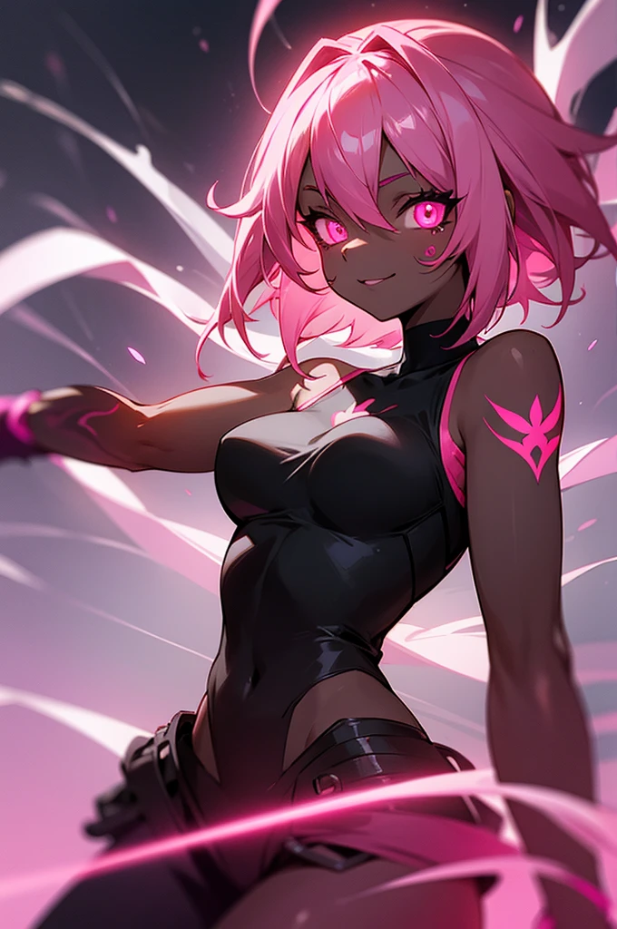black skin, anime woman, happy, glowing pink eyes, glowing pink tattoos, medium length glowing dark pink hair, wearing a black dress