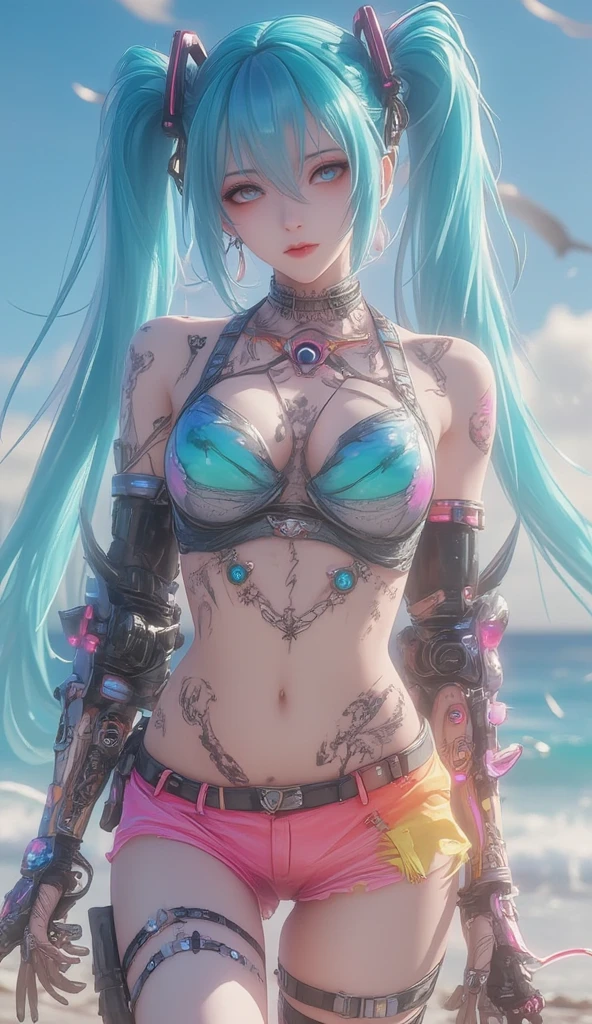 (photorealistic:1.8, highest quality:1.8,8K masterpiece:1.8,High resolution,muste piece:1.8,RAW Photos,cinematic lighting),No split screen, (1 android girl:1.3)、Completely naked、full body tattoo、choker、(Moderate chest:1.3)、Nipple piercing、kimono、Furisode、beautiful butt,beautiful thighs,plump nipples、Nipples are visible through the costume,cameltoe,Body painting with a pop design drawn all over the body、pop art design、cutting edge fashion、conceptual art、(Beautiful shining blue black and white hair:1.5)、Shy Smile