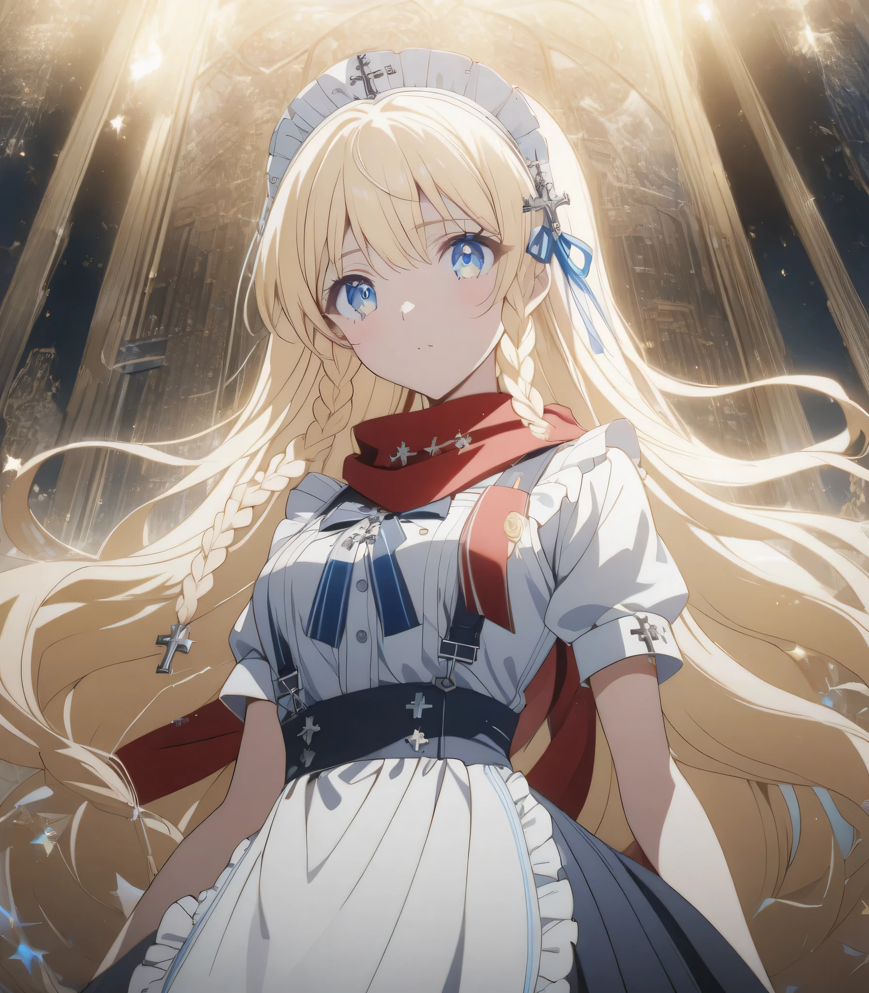 Shining blonde(long flowing hair、Princess style with loose waves up to the shoulders and partial braids、Decorated with large blue ribbons and delicate headdresses)、deep blue eyes、Clothes that combine school uniforms and maid uniforms(navy blue sailor suit pictured on In a red scarf、white ruffle apron、black pleated skirt、design with silver cross pins)、Disciplined attitude、Old books in one hand、quantum calculator in the other hand、thin stains from chemical experiments、Imagine the scent of graveyard flowers wafting through a foggy vision、with golden geometric pattern on the background and shining star effect、overall fantastic and noble atmosphere、anime style、bright colors、detailed details