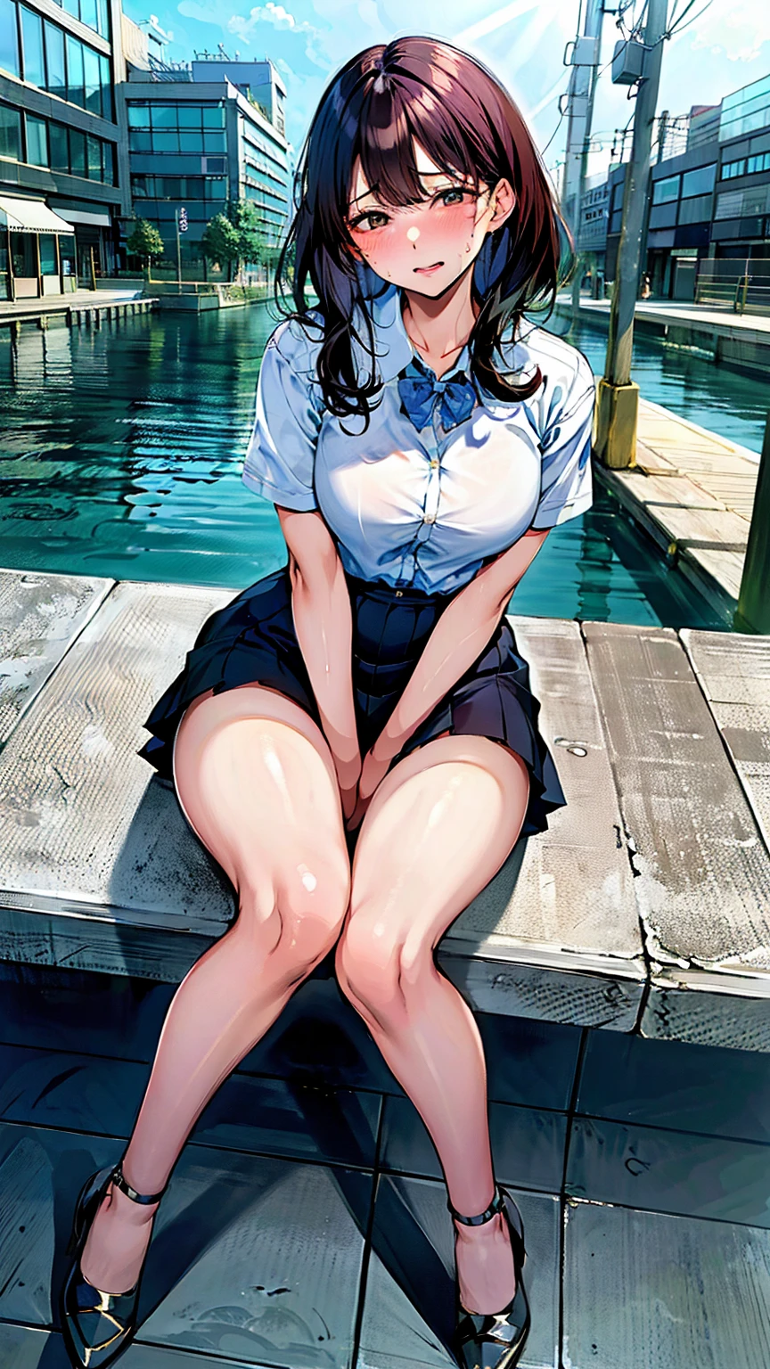 (top-quality、4K、masterpiece:1.3)、1girl in、a stunning face、Schoolgirl Uniform、mature and chubby、Big pupils、Bright eye、makeup、long and luxurious eyelashes、Full lips、Charming charisma、In the swimming pool、Pose Seductive、