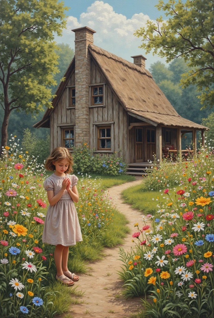 little girl playing in a park, Style is delicate watercolor with timeless, classic children’s book illustrations, in an idyllic countryside, featuring detailed botanical elements and a gentle, warm atmosphere.
