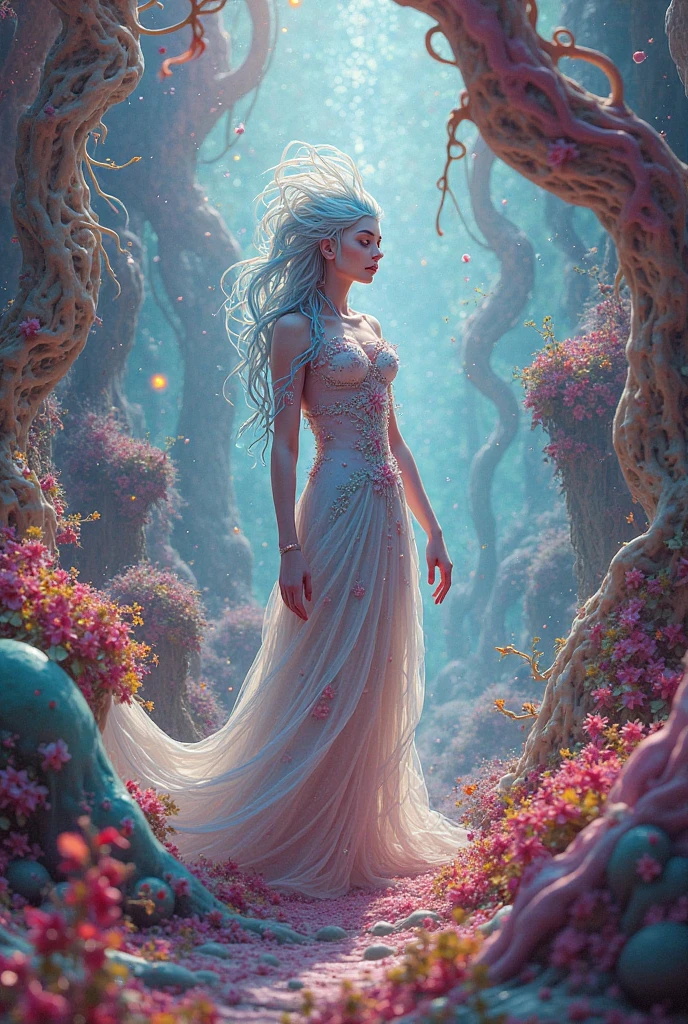 A woman in a pink dress is walking through the water, very magical and dreamy, ethereal beauty, magic robe, ethereal fairy tale, ethereal glow, very ethereal, ethereal and dreamy, fantasy gorgeous lighting, extremely beautiful and ethereal, vestido de fantasia, dreamy and ethereal, Flowing dress, Ethereal!!!, soft ethereal lighting, brilhando com magia, a stunning young ethereal figure, Ethereal Fantasy, contraste de cores, Beautiful image with rich details, Breathtaking image