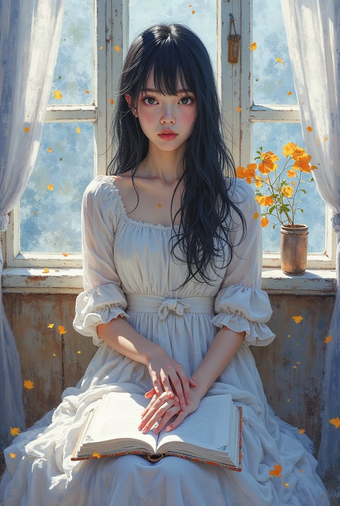 Image is a stylized, fantasy-themed portrait featuring a young woman with long, wavy black hair and fair skin. She is dressed in a tattered, ethereal white dress with intricate lace details, giving her an otherworldly appearance. The woman has large, delicate butterfly wings that are partially torn, adding to the mystical and melancholic atmosphere. She is seated in a dilapidated room with broken windows and scattered debris, enhancing the sense of decay and abandonment. The lighting is soft, casting a gentle glow on her face, which has a somber expression. In the bottom right corner, there is a small, white rectangular logo with rounded edges containing Chinese characters and a numeric code.