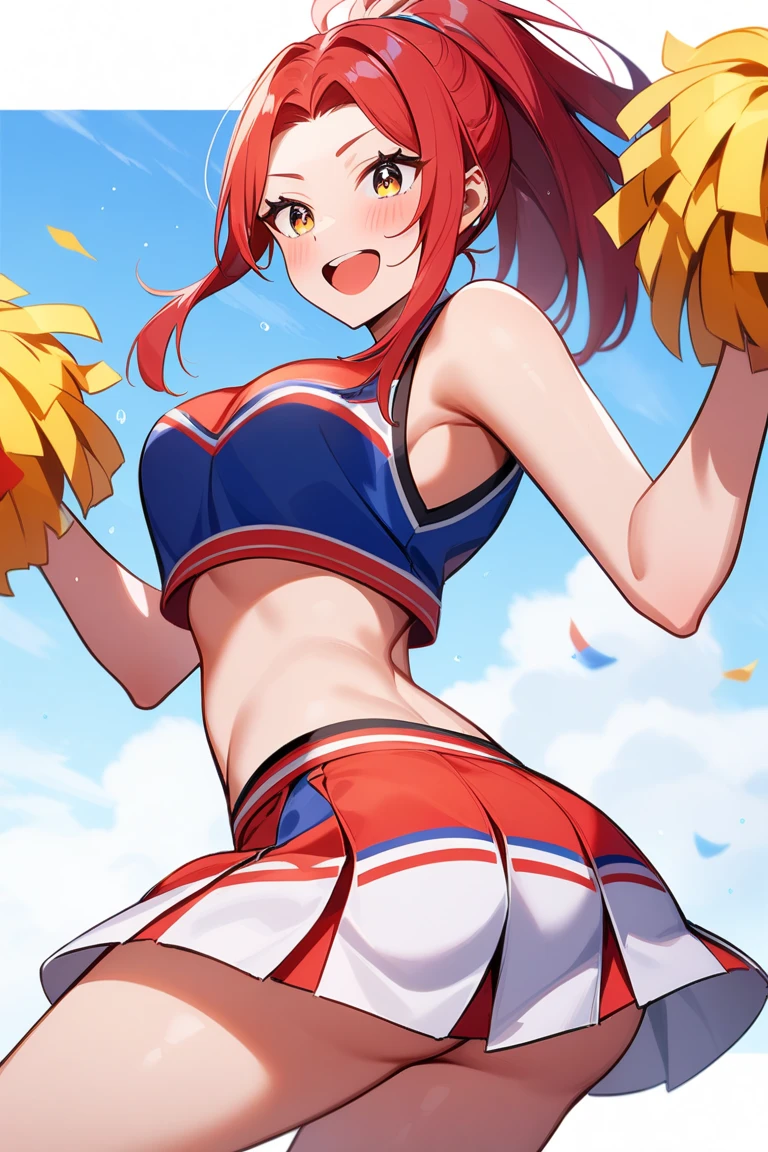 itsukinakano, itsuki nakano, bangs, blue eyes, hair between eyes, Ahoge, redhead, star \(symbol\), happy smile, smile, open your mouth,hair ornaments, star hair ornaments,(cheer leading), (whole body), big breasts, lower, (sweaty), sweaty Wet Clothes,()red clothes), , Navel support, playground, (jump), (jump), 足を曲げてjumpする, air, blue sky, Grass原, Smiling Cheerleader, pom pom \(cheer leading\), Grass,
break outdoors, stadium,
break looking at viewer, (cowboy shot:1.5),
break (masterpiece:1.2), highest quality, High resolution, unity 8k wallpaper, (figure:0.8), (detailed and beautiful eyes:1.6), highly detailed face, perfect lighting, Very detailed CG, (perfect hands, perfect anatomy),