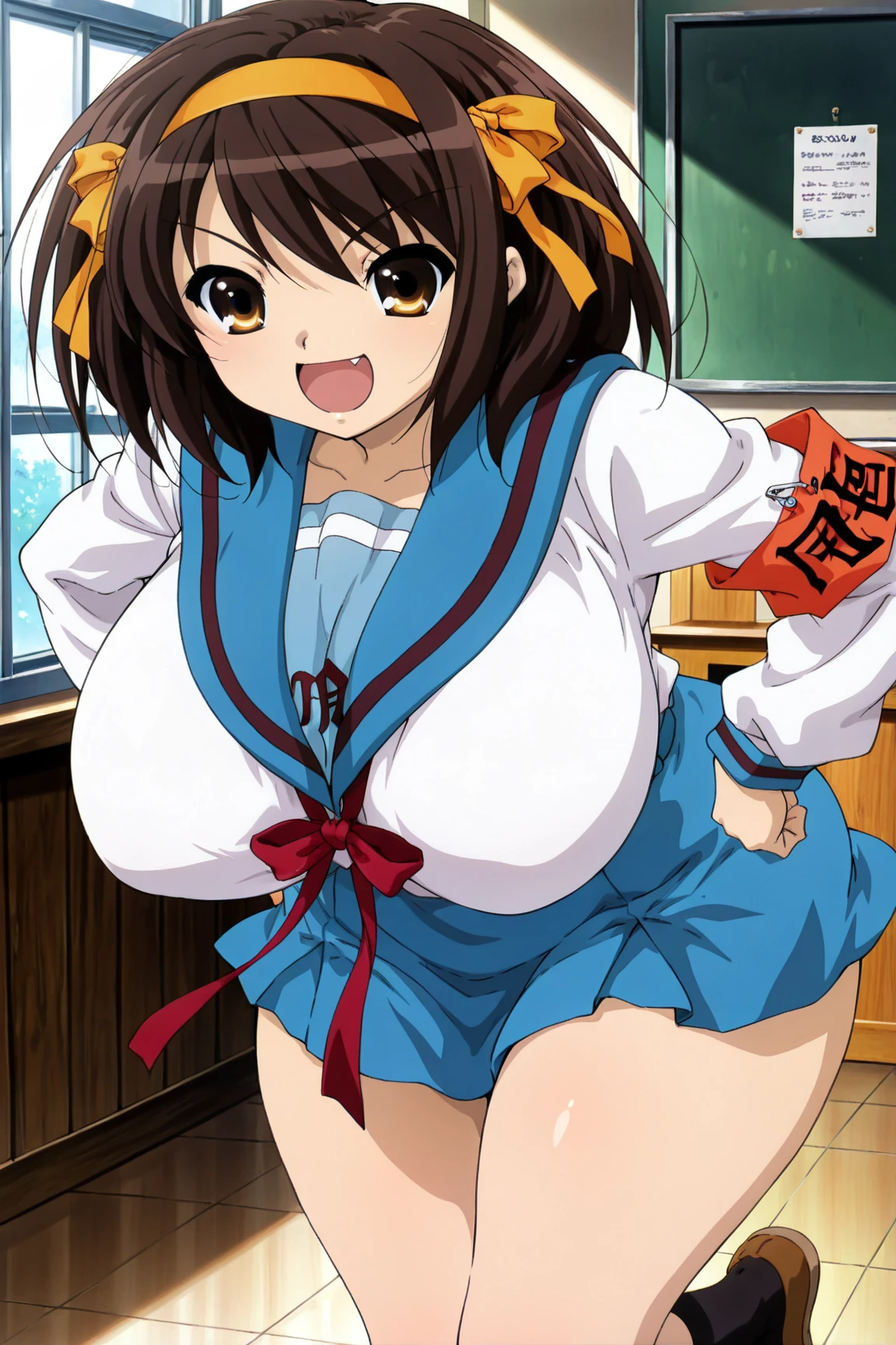 Tendou_KasumiV2,cel anime,official art,(cowboy shot:1.3),central framing,centered in frame,(day), classroom,(from very below,ceiling:1.3), (cute cheerleader uniform costume, cute super short box_pleated_miniskirt ,y_frilled_white_panxy bare gh:1.3),(standing on one leg, leg lift, standing split to show panties,:1.6)irt:1.2),slenderhin body,brown_hair, long_hair, low ponytail, hair_ornament,Blue_Eyes, (rope shibari over the clothes:1.s behind head,arched back:1.2),blue sailor collar, bow, knee boots, choker, white gloves, blue choker, elbow gloves, jewelry, earrings, blue skirt,(standing on one leg, leg lift, standing split to show panties,:1.6),
1 girl, 18yo,Young,Beautiful Finger,Beautiful long legs,Beautiful body,Beautiful Nose,Beautiful character design, perfect eyes, perfect face,
(frown,shame,embarrassed,anger,troubled eyebrows,crying,opened eyes tightly, opened mouth,screaming,full face blushing,:1.3),(Beautiful,large_Breasts,natural pointy tits:1.2), (beautie:1.5),(narrow_waist),pes,cameltoe, erotic,
NSFW,extremely detailed CG8k wallpaper, perfghting,Colorful, Bright_Front_face_Lighting,
(masterpiece:1.0),(best_quality:1.0), ultra high res,4K,ultra-detailed,
photography, 8K, HDR, highres, absurdres:1.2, Kodak portra 400, film grain, blurry background, bokeh:1.2, lens flare, (vibrant_color:1.2),