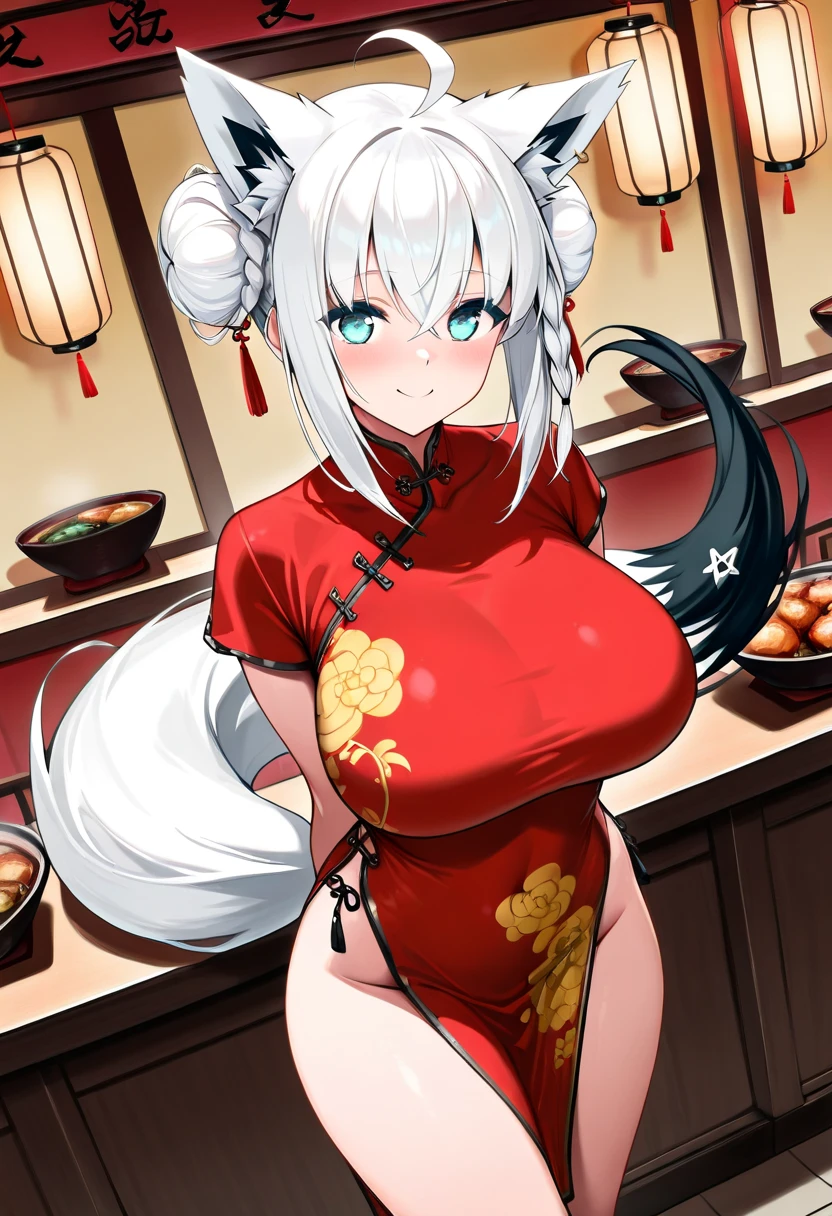 Exotic furry cartoon, oriental character, 1girl, breasts, tail, animal ears, solo, fox ears, fox tail, dress, skindentation, cheongsam, from the side, big breasts, blush, white background, fox girl, looking viewer, bare shoulders, short hair, animal ear fluff, food, simple background, cheongsam, cowboy shot, removed sleeves, hair ornament, Red dress, long sleeves, buttocks
