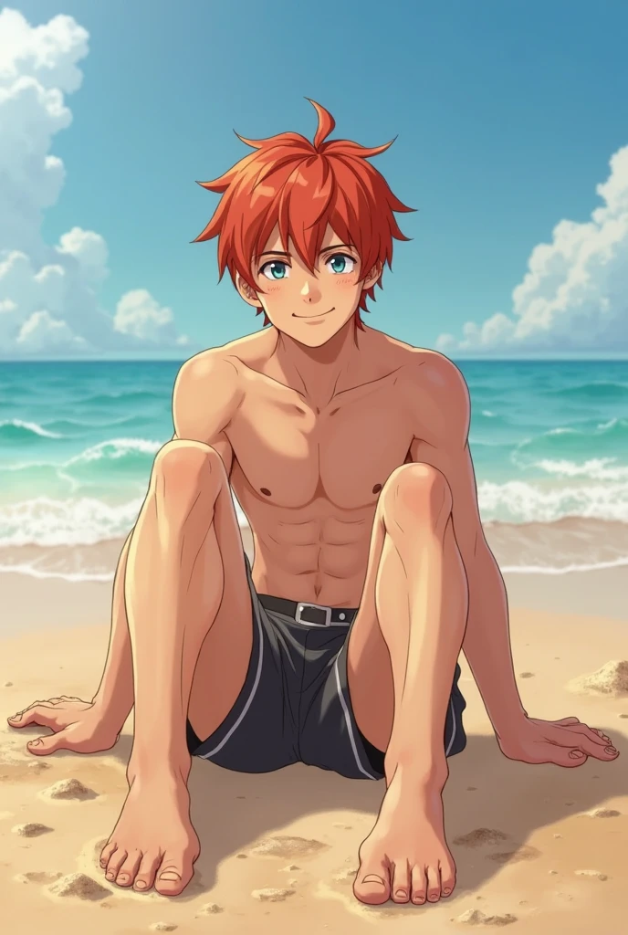 Boy, slim, Cute, Pale white skin, green eyes, Short red hair, on beach, looks shyly at the viewer, smiling, wet, spread legs, white shorts, spread legs, squatting, slim boy body, stands on all fours, close to the camera, milk on body