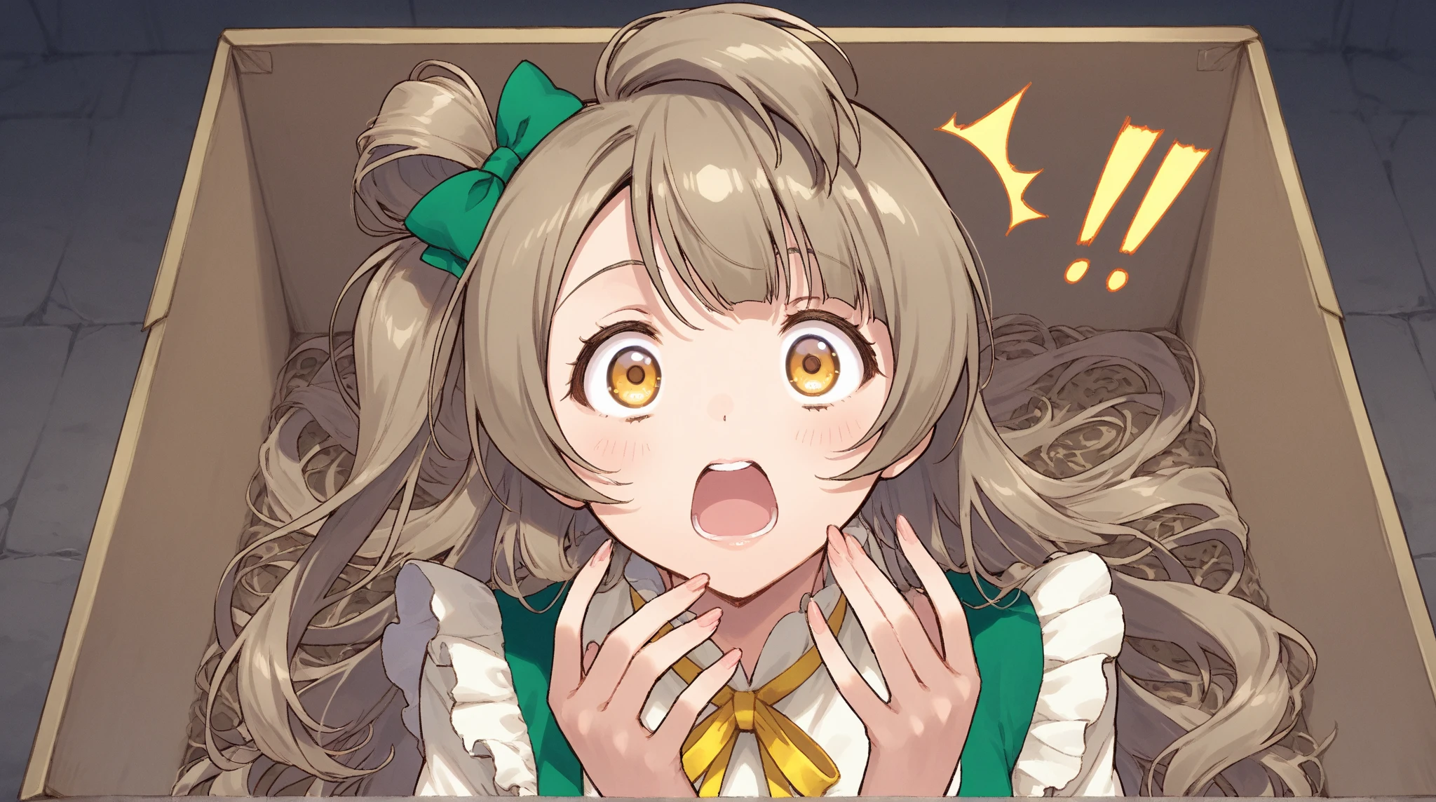 masterpiece,16k,8k,Delicate expression,highest quality,high resolution,High resolution,Sweat,1girl,look at viewer, seductive smile,sweat stains,steam,,fish eye lens,front face,from above,paw pose,upper body,show your oral,open mouth,long tongue out,drool,heart shaped pupils,green eye,blond hair,