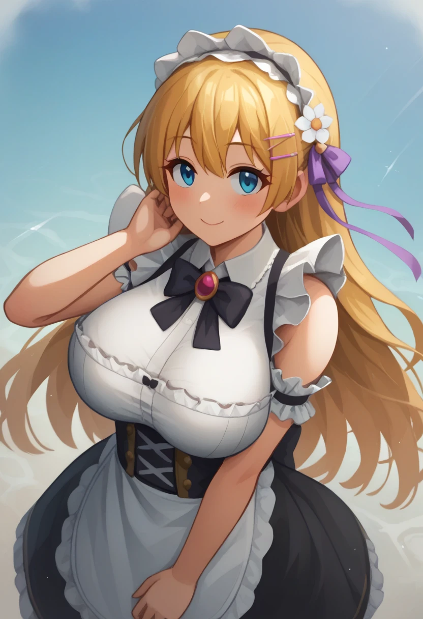 perfect human body,1 girl, (very highly detailed background,garden), clavicle,European classical,victorian style skirt,((woman with fever)), huge tits,Smile, (blush blush:1.2),