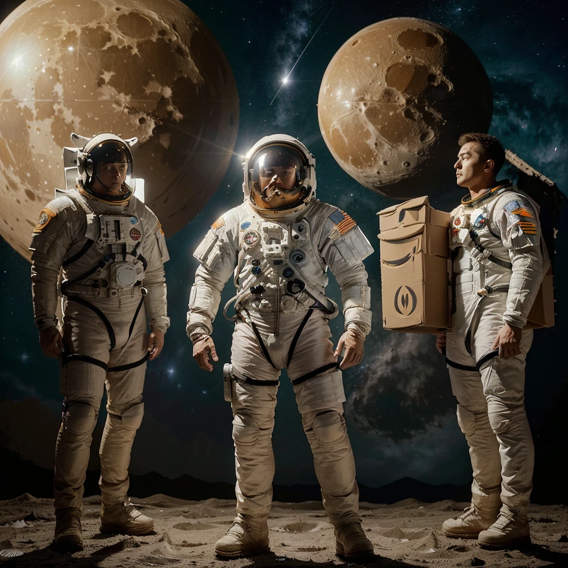 Create an image of these three men dressed as astronauts traveling in the universe