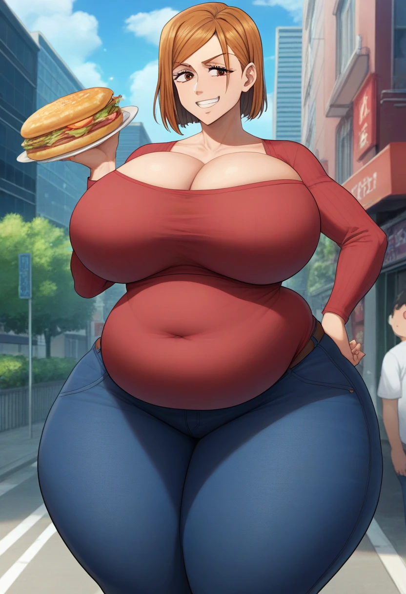 ((highres)), Masterpiece, high quality, best quality, beautiful, perfect lighting, detailed face, ultra cute face, ((1girl)), ((blush)), ((blush)), embarrassed, looking at viewer, skindentation, short brown hair, fluffy hair, green eyes, jeans, tank top, tight clothes, full body, fast food restaurant, medium breasts, perky breasts, cleavage, ((wide hips)), ((massive thighs)), ((plump)), chubby belly, fat folds, standing, holding plate of food, standing in front of a table full of food, looking at viewer, spoken heart,