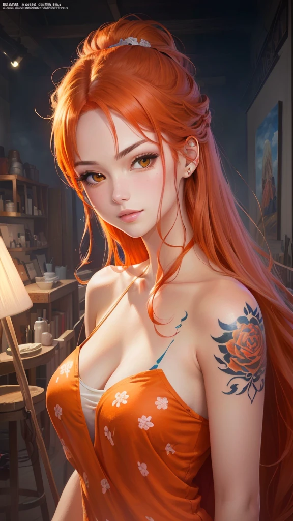 (masterpiece, best quality, 1 girl, solo, intricate details, chromatic aberration), realistic, ((medium breath)),long hair, red hair, red decoration on the head, pink highlights, amber eyes, earrings, sharp eyes, necklace, neon shirt, ripped shorts, unbuttoned jacket, turtleneck, night, against the wall, brick wall, graffiti, dim lighting, alley, look at the viewer