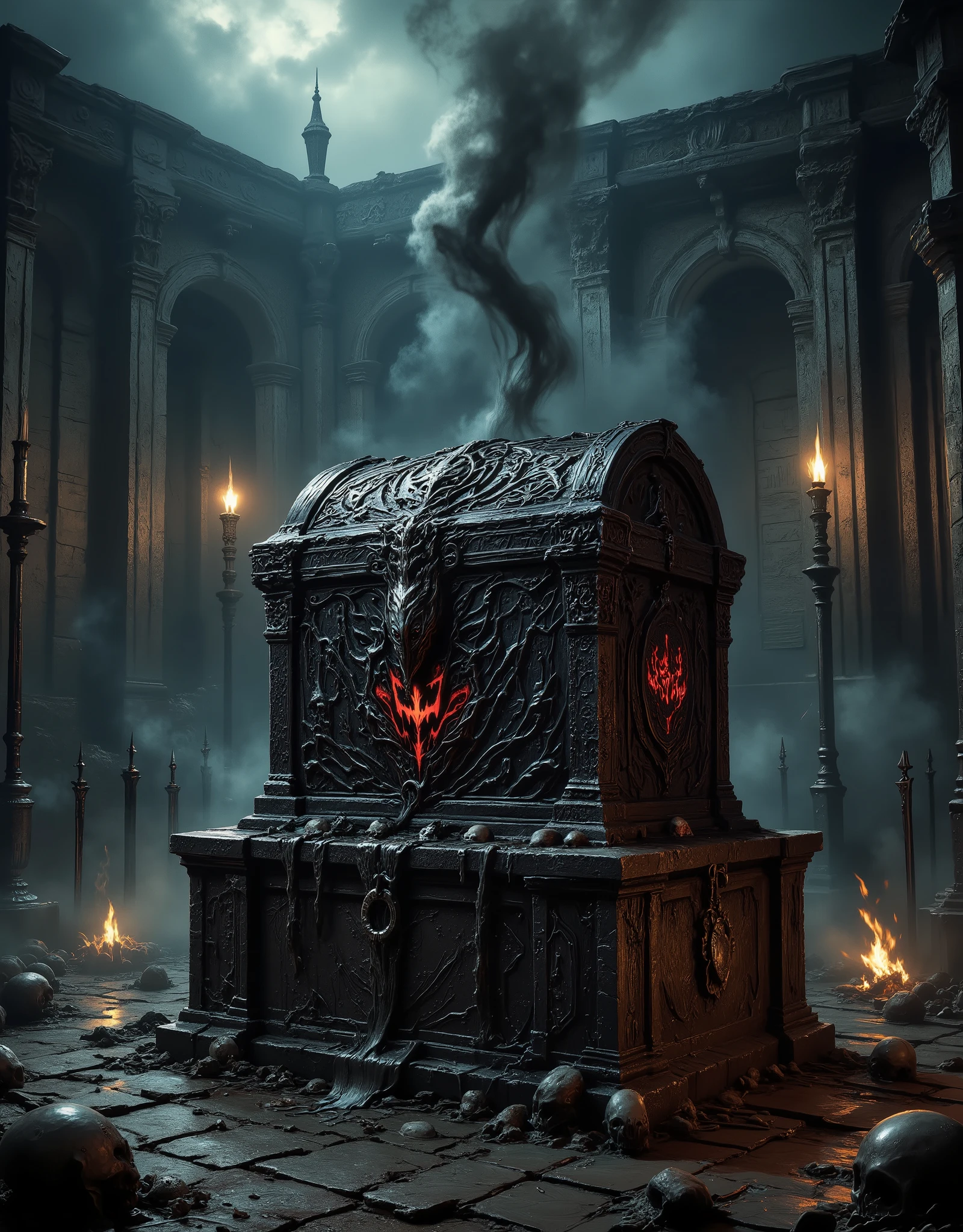 A highly detailed illustration in the dark fantasy style depicting the mysterious box of the Warlord of Despair — a jagged Obsidian chest covered with carvings of screaming faces and locked with broken shackles. The casket stands on a ruined altar in a ruined military temple, surrounded by skulls, broken weapons and dying torches. Faint crimson runes pulsate on its surface, and black smoke oozes from the seams. The air is filled with fog, and ghostly whispers appear as indistinct text floating nearby. Hyper-realistic textures, spectacular lighting, and a sense of impending doom. An art style inspired by Dark Souls and H.R. Giger.
