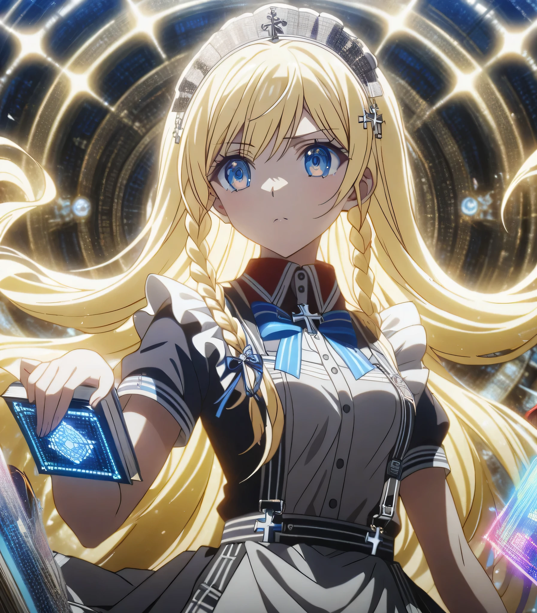 Blonde(long flowing hair、Princess style with loose waves up to the shoulders and partial braids、Decorated with large blue ribbons and delicate headdresses)、deep blue eyes、Clothes that combine school uniforms and maid uniforms(navy blue sailor suit pictured on In a red scarf、white ruffle apron、black pleated skirt、design with silver cross pins)、Disciplined attitude、Old books in one hand、quantum calculator in the other hand、Imagine the scent of graveyard flowers wafting through a foggy vision、The background is a golden geometric pattern and a hologram of shining stars、overall fantastic and noble atmosphere、anime style、bright colors、detailed details