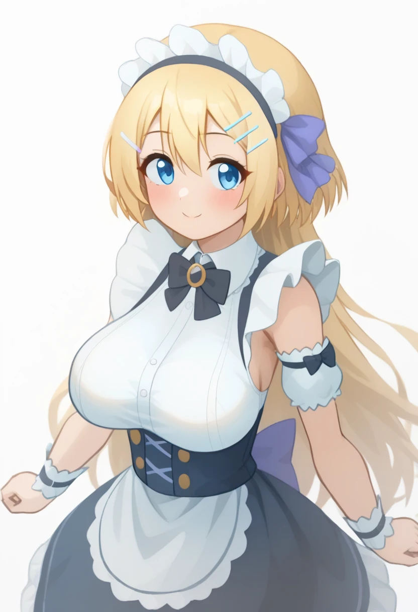flonne \(angel\), long hair, large breasts, innocent face, breast focus, blue ribbon, blue eyes, deep cleavage