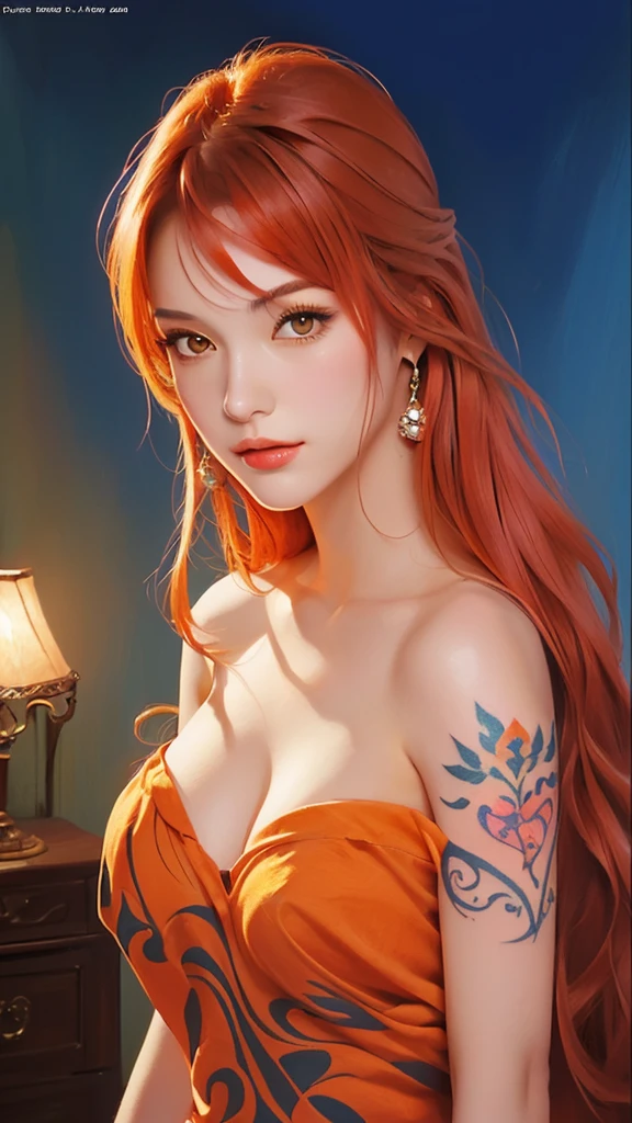 ((A watercolor and pencil drawing of a standing woman with red hair)), (corpo inteiro), cabelo ruivo escuro, cabelo ondulado, (corpo proporcional), (corpo perfeito), corpo bonito, {rosto da LiliArt}, (olhar penetrante e sexy), {middlebreasts}