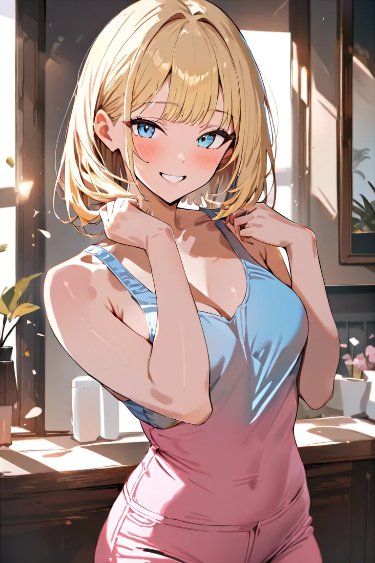 Realistic、1 Housewife、Blonde Hair、blue eyes、(Recall),(Eye focus:1.3,Face Focus,Cowboy Shot),(Gradient Eyes:1.3),(Sexy Camisole Top ,Sexy panties )、(Grin:1.3),Cute Face、(We say:1.3),(Small breasts:1.3),