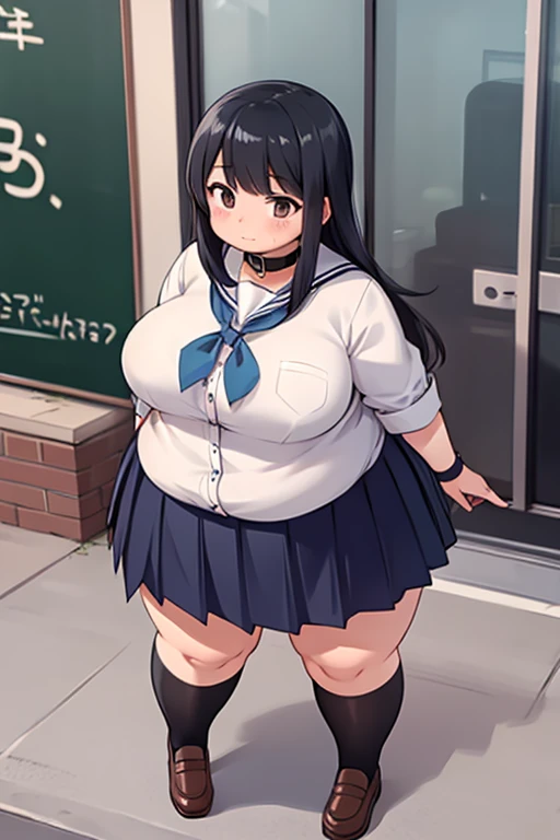 (((High quality))), 1girl, solo, black hair, messy hair, bangs, black eyes, large breasts, wide hips, tall, thick thighs, white blouse, blue skirt, sailor uniform, eyes wide open