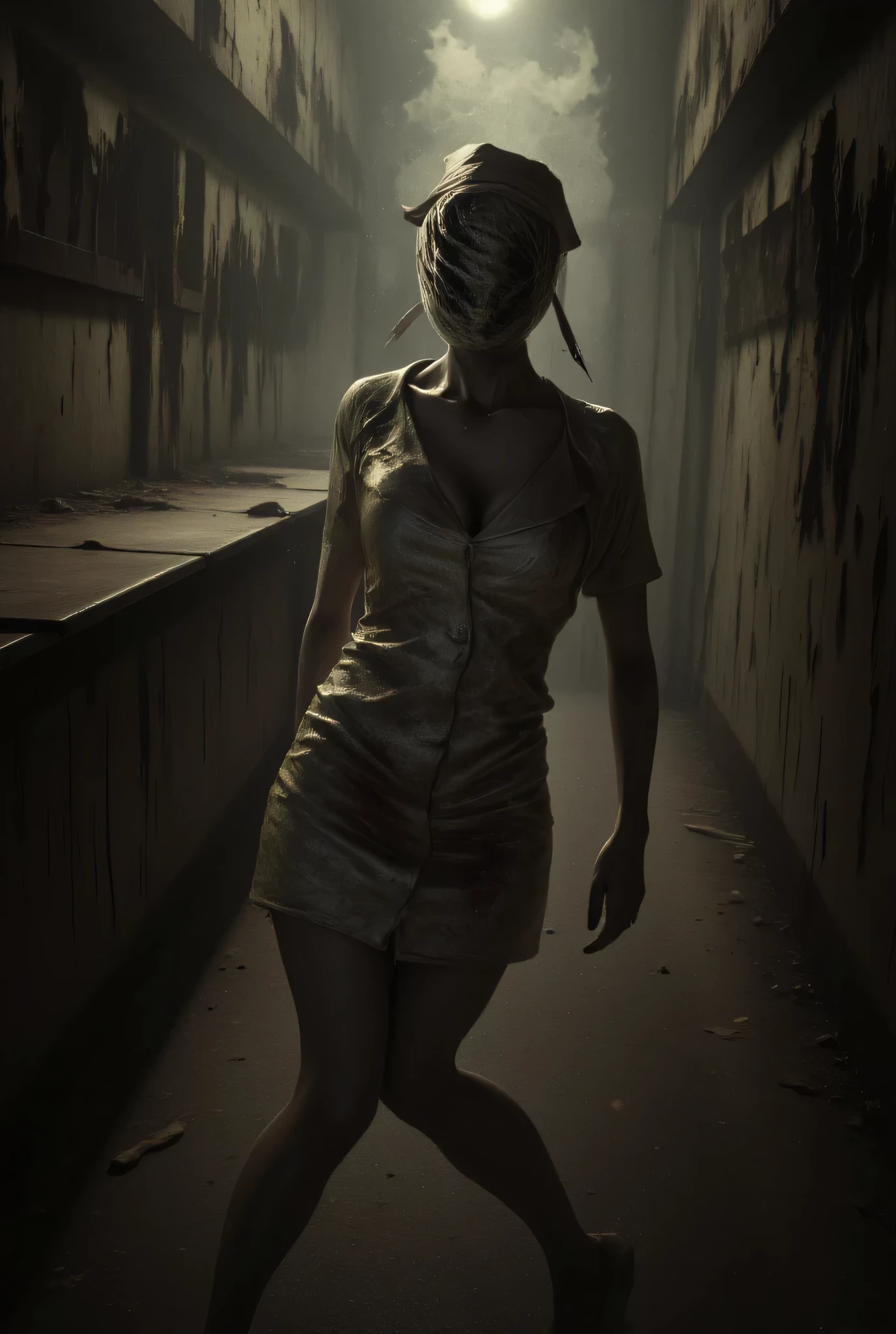 Silent Hill Nurse, blood, surreal, dilapidated, Hospital hall background, sexy, high detail, masterpiece.
