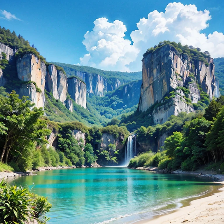 masterpieces, best quality, high quality, High Detailมาก CG unity 8k wallpaper, landscape, outdoor, sky, cloud, day, , no human, mountain, Landscape, water, tree, blue sky, waterfall, cliff,  Nature, lagoon, แม่water, cloudy sky,Award-winning photography, bokeh,  depth of clarity , HDR, Bloom , color distortion ,Photoreal,High Detailมาก, is trending on Artstation,  is trending on cgsociety , complicated, High Detail, form, Art by midjourney