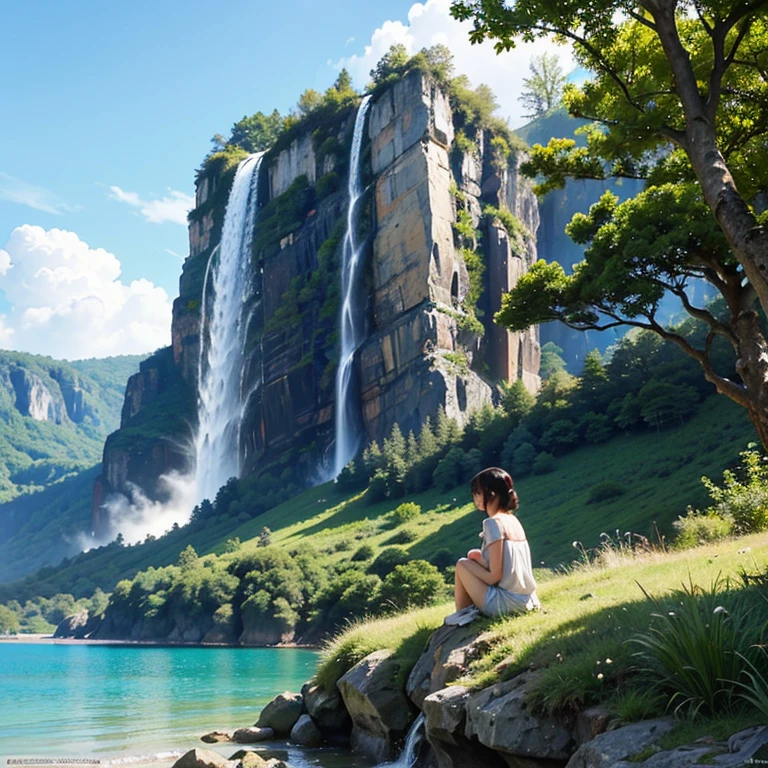 masterpieces, best quality, high quality, High Detailมาก CG unity 8k wallpaper, landscape, outdoor, sky, cloud, day, , no human, mountain, Landscape, water, tree, blue sky, waterfall, cliff,  Nature, lagoon, แม่water, cloudy sky,Award-winning photography, bokeh,  depth of clarity , HDR, Bloom , color distortion ,Photoreal,High Detailมาก, is trending on Artstation,  is trending on cgsociety , complicated, High Detail, form, Art by midjourney