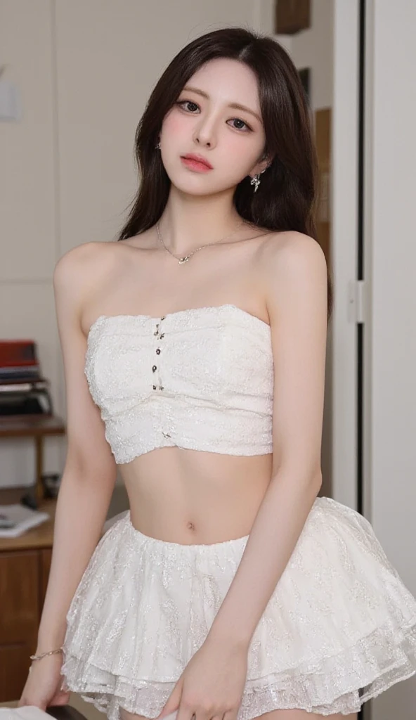 1girl, front-tie bikini top, midriff, navel, bare arms, bare shoulders, cleavage ((Large Breasts)), ((D cup)), Visible cleavage,Highly detailed face and skin texture,((Bare shoulder)), Double eyelids,Skin Whitening,Long hair,Whitening long legs,Standing by the sea, Fashion Girl, Red lips, Sweet Girl, Beautiful makeup, detail, lifelike, Very detailed, Astonishing, beautiful, Young and energetic, high quality,HD, Colorful, Beautifully, Smooth skin, The skirt is very short, Official Art, Extremely detailed, Movie atmosphere, Soft colors, Natural skin texture, Random scene, random shooting Angle, Black over-the-knee socks, lace hem