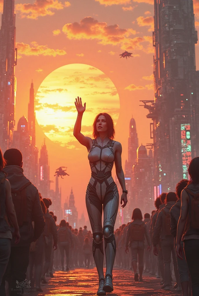 A hazy, otherworldly sunset bathes the futuristic metropolis in red and orange hues. The cityscape stretches out to the horizon, towering spires piercing the sky. In the foreground, a solitary figure stands with her back turned to us, gazing at the vista before her. Her silhouette is etched against the fading light, casting an ethereal glow on her slender form.