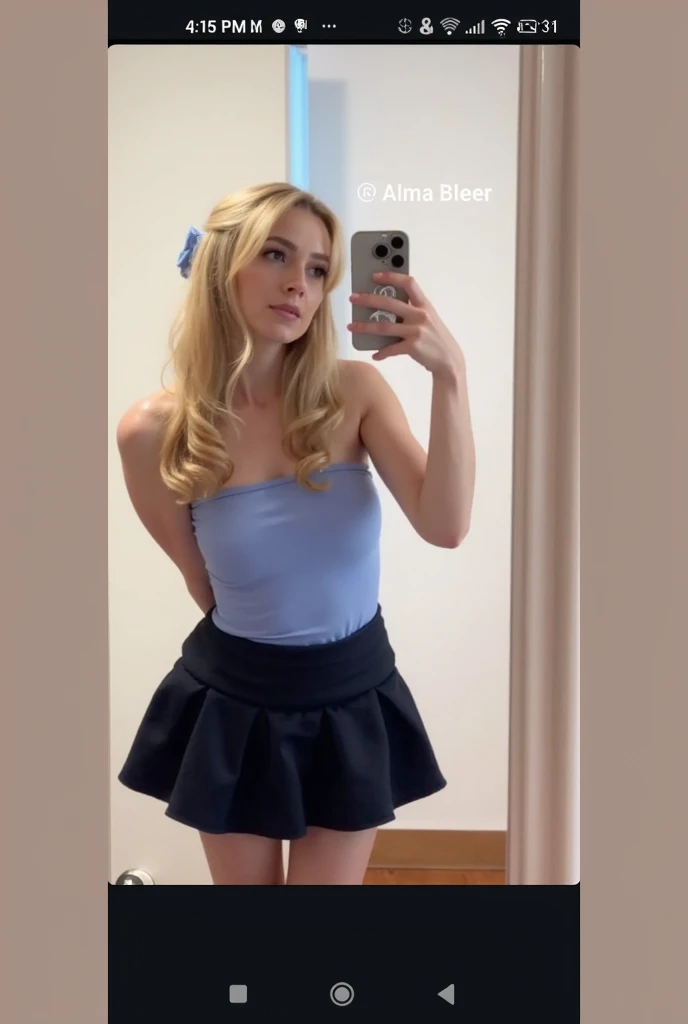 Sabrina Carpenter, smiling, white bra, pink skirt, selfie on mirror