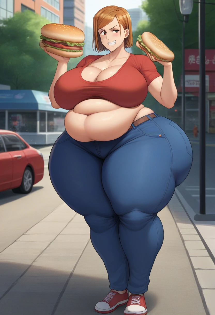 1woman, giant, fat, curvy, thick, big belly, wide hips ,thick thighs, big , chubby belly, tall, bloated belly. standing in a street. eating hamburgers. goth, gothic clothes, black clothes, black hair, tight clothes.
