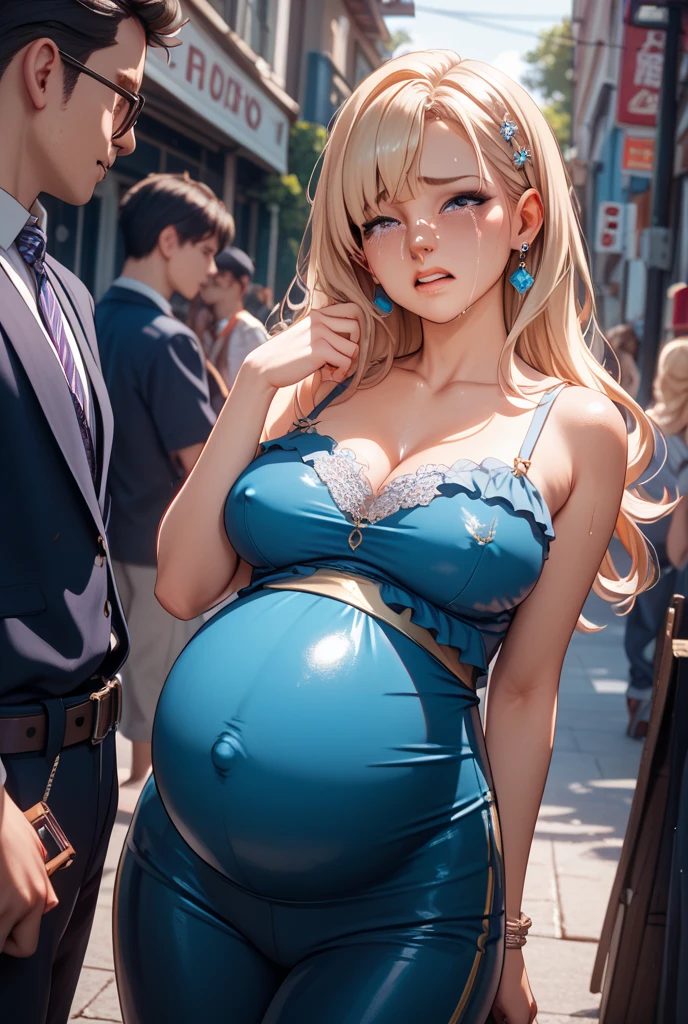 (masutepiece:1.3), (absurderes:1.3), (Best Quality:1.3), (((NSFW、 fullnude、teats、The areol、Pussy))), Large breasts, cleavage, Pregnant、hand of Guido Daniele, (Ultra-detailed:1.3),(Best Shadow:0.7), (Handle Hair), 1girl in, Solo, SH1, (full of sweat)、