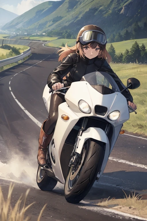 highest quality, 8k, masterpiece,(1 Girls 1.5), (wearing a half helmet, Jacket, and shorts), (ride an off-road bike), 