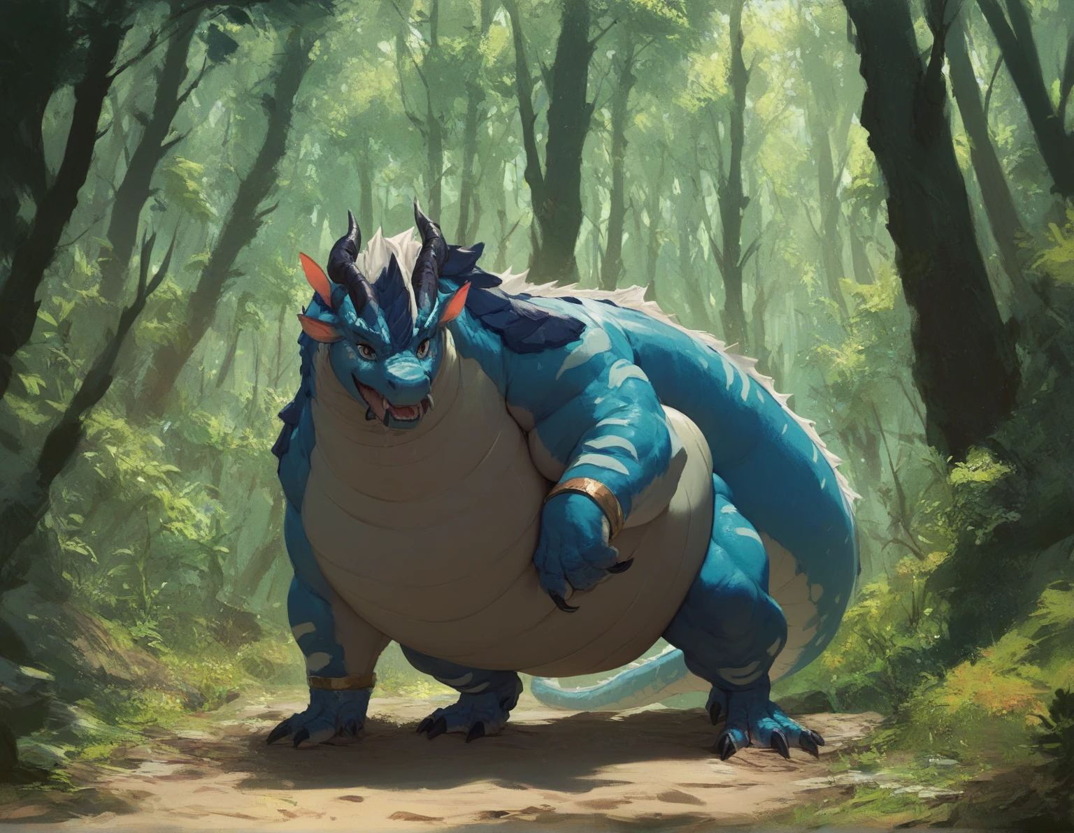 Huge wild dragoness lets a man hug thightly her big and round pregnant belly, Detailed painting by Taran Fiddler