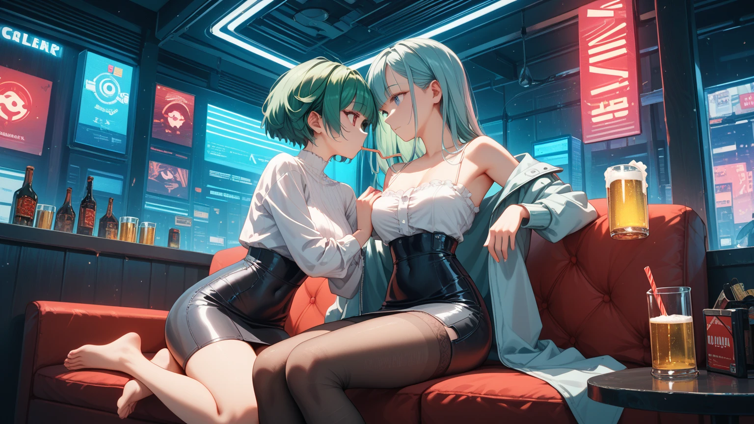 2girls, {45 years old, milf, black hair, tomboy, very short hair, side shave, red eyes, small breasts}, {53 years old, milf, teal and green hair, messy hair, asymmetrical hair, ahoge, very short hair, aqua eyes, medium breasts, pale skin, glasses}, bathrobe, alcohol, drunk, loose clothes, living room