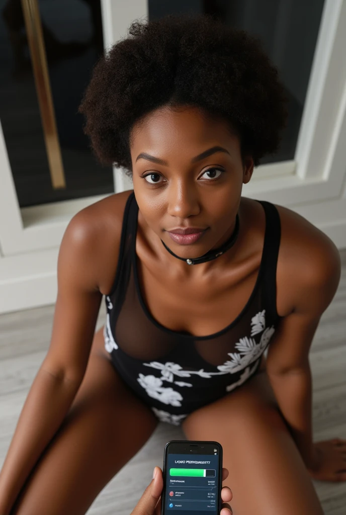 Black curvy 4c hair girl leaning forward towards the camara
