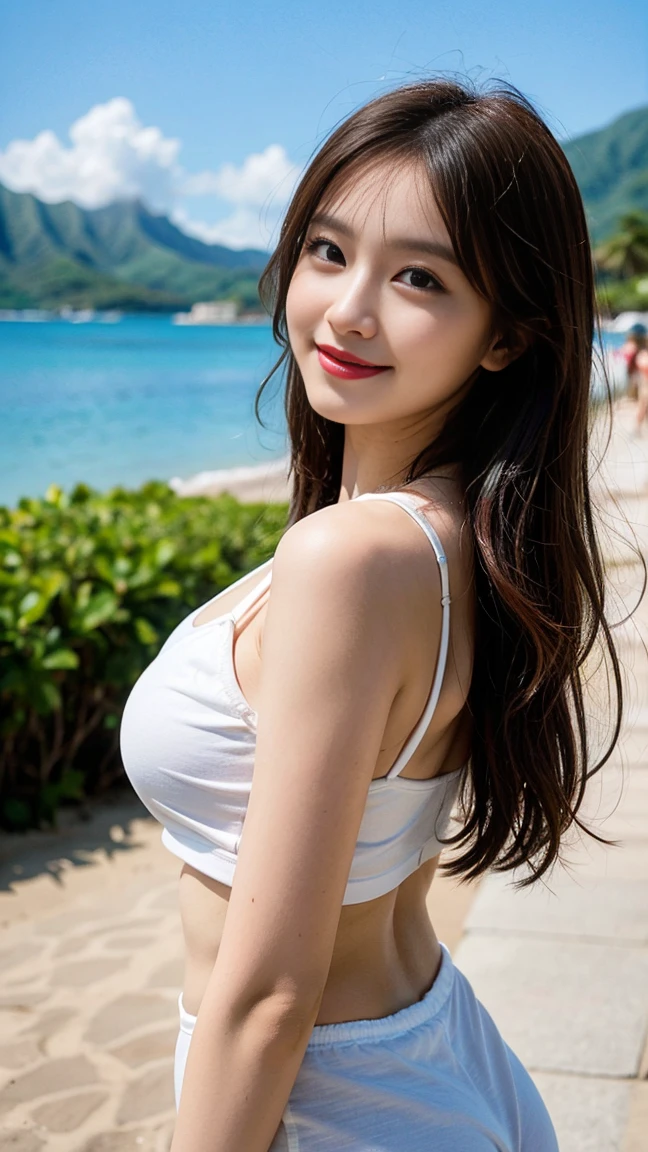 (Best quality, 8k, 32k, Masterpiece, UHD:1.2), (realistic:1.5), (masterpiece, Extremely detailed CG unity 8k wallpaper, best quality, highres:1.2), (ultra detailed, UHD:1.2), (face focus:1.3), (upper body:1.3), Photo of extremely cute and beautiful Japanese woman, (mahogany wavy thin hair:1.2), adult, (detailed beautiful girl:1.4), best quality, woman, adult, best quality, masterpiece, (1girl:1.37, solo), Beautiful face, (photo realistic:1.3), rim lighting, (high detailed skin:1.2), 8k uhd, dslr, high quality, high resolution, 4k, 8k, Bokeh, absurdres, best ratio four finger and one thumb, (realistic:1.3), cute 1girl, wearing a cream zip-up cardigan:1.3, white camisole:1.3, white chiffon-long-skirt:1.3, medium-large breast:1.25, blue ocean view, white sand beach, ((sunset:1.5))), ((wind:1.3)), up-skirt:1.3, hands on thigh:1.3, arms behind back, walking, attractive emotion, happy, smile, :d, :p, looking straight at the viewer, view viewer,