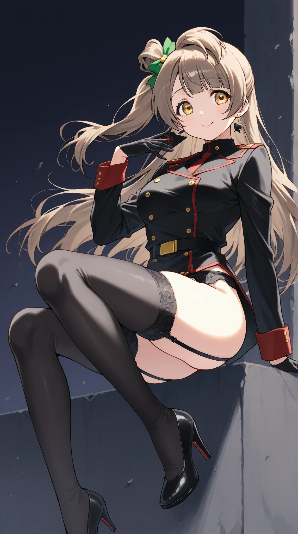 ((1beautiful girl)),,(((Silvery hair))),(((Braids2Book Hairstyles))),(((Middle bangs))),(((put out one's forehead))),(((Golden Eyes))),(masterpiece)), (((drooing eyes))),((top-quality)),((Vivid light and shadow depiction)), (The ultra-detailliert), ((kawaii)), cute little, (Detailed body line depiction), ((detailed face depiction)),((ighly detailed)), (8K), top-quality, (Beautiful fece),(((World-class quality))), ighly detailed, hight resolution,(((独奏))),(((thick eyebrow))).((((shinny hair)))),(((White and beautiful skin))),(((Small udder))),(((Bold poses))),(((Bright smile))),(((red blush))),(((composition seen from below))),(((In a dark room))),(((looking-down))),(((Looking up from your feet))),(((Gray military uniform))),(((tight skirts))),(((Black Knee High Socks))),(((Panties with white ribbon))),(((Salute pose with one hand)))