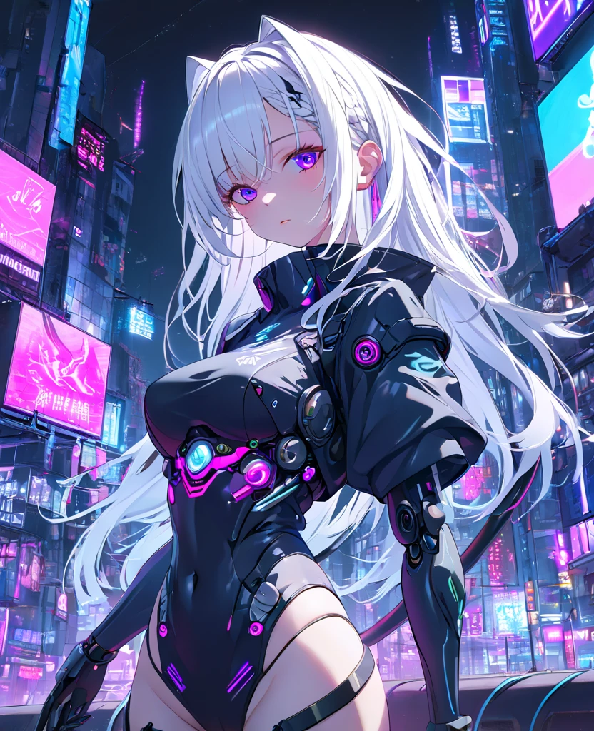 streaked hair, shiny hair, hairpods, multicolored eyes, modern, anime, cinematic lighting, sparkle, zoom layer, pov, UHD, textured skin, super detail, high quality, best quality, high details, masterpiece, Cyberpunk, futuristic metropolis, neon lights, midnight, Secret agents in science fiction movies, A spy wearing a highly functional suit