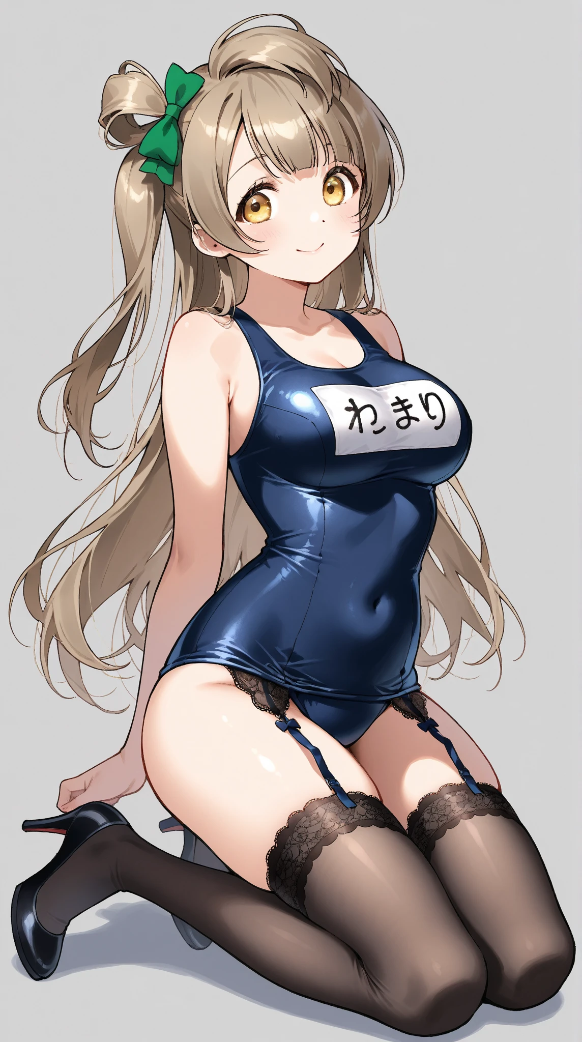 best quality, masterpiece, highres, solo, {minegumo_kantaicollection:1.15}, long_hair, twin_braids, braid, light_brown_hair, red_eyes, breasts, brown_eyes, gradient_hair, multicolored_hair, blush, open_mouth, bow, bowtie, red_bow, smile, red_bowtie, large_breasts, 1girl, one-piece_swimsuit, swimsuit, blue_one-piece_swimsuit, school_swimsuit, simple_background, collarbone, white_background, low_twin_braids, looking_at_viewer, twitter_username, one-hour_drawing_challenge