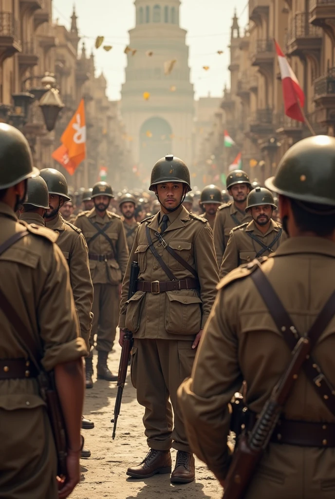 India During World War II:** A complex scene showing the impact of World War II on India, with British soldiers preparing for deployment, rationing, and Indian workers contributing to the war effort under British orders.